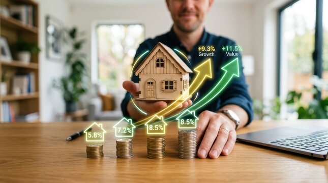 Man holding a house model with growth graphs and coins on a desk in a modern home office