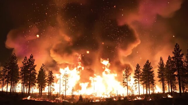 Wildfire burning pine forest at night with glowing smoke