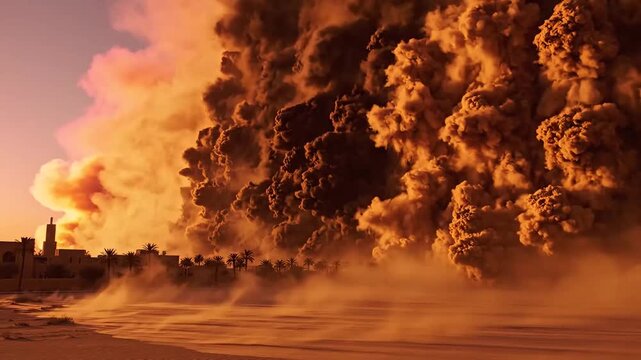 Massive haboob sandstorm wall consuming desert city at sunset