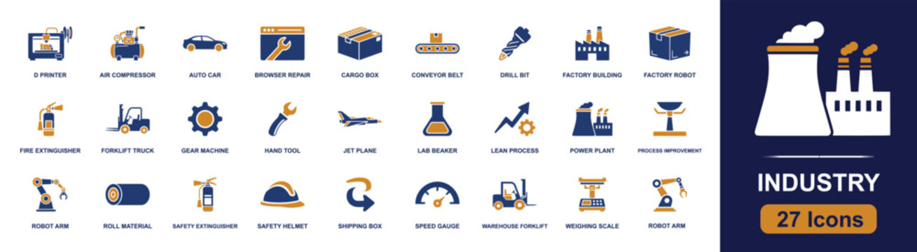 Industry manufacturing icon set. Containing conveyor belt, forklift, factory, robot arm, drill bit, gear, safety helmet, power plant, shipping box and more. Solid fill vector icons.