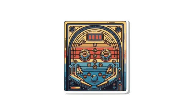 Retro Arcade Pinball Machine Sticker. Flat Vector Vintage Gaming Screen with Degrade Color Line Art.