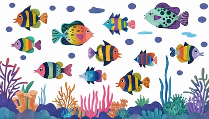 Fototapeta premium A vibrant and playful collection of colorful cartoon fish swim amongst coral and bubbles in this whimsical underwater scene.