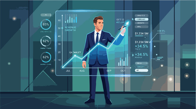 Businessman analyzing financial data on a futuristic transparent digital screen with revenue growth charts and KPIs in a 2D flat vector illustration