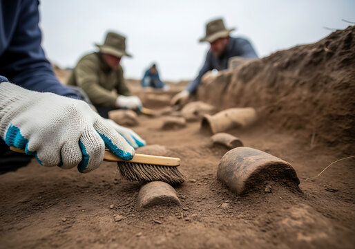 Archaeological dig site uncovering ancient history with careful excavation and pottery fragments