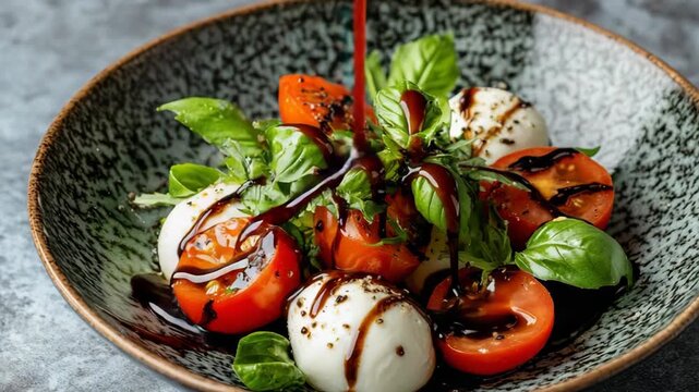 selective focus caprese style salad baby tomatoes mozzarella basil balsamic glaze bowl