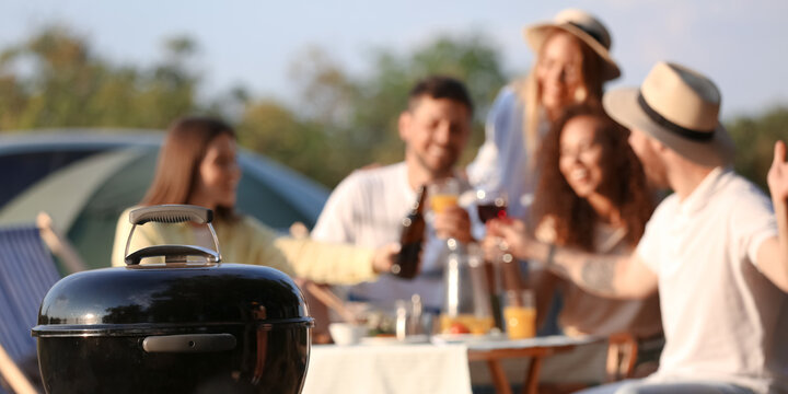Modern barbecue grill outdoors, closeup