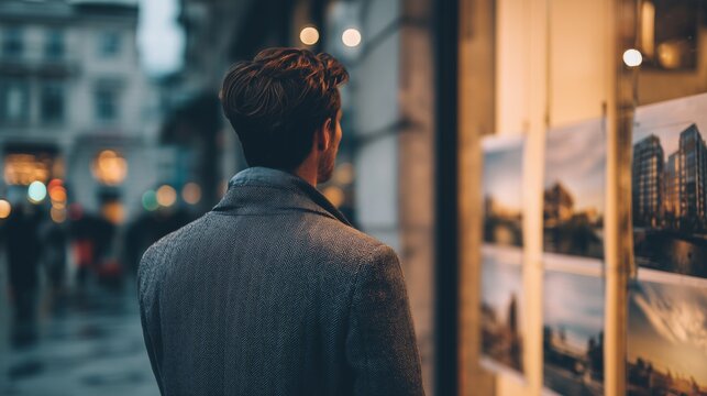Person viewing property listing in urban street window, symbolizing real estate market research to buy property and neighborhood assessment.