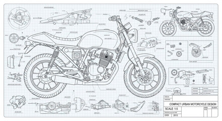 Detailed blueprint drawing of a motorcycle with technical specifications. © Qtyp
