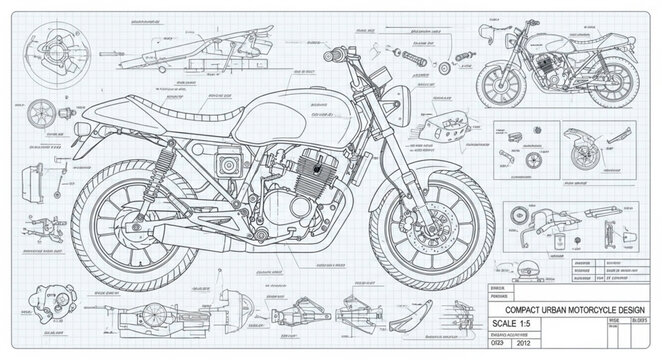 Detailed blueprint drawing of a motorcycle with technical specifications.