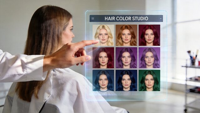 Future beauty salon concept woman trying on hologram hair colors virtual reality makeup selection technology modern styling studio with touch screen interface