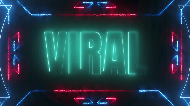 Vibrant VIRAL text glowing neon animation with futuristic red and blue frames and bright lighting on a dark slate stone wall, 4k video