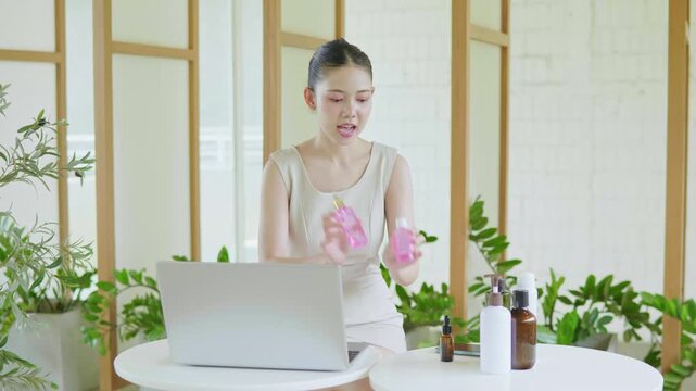 Beauty Consultation Event Young Woman Analyzing Skincare Products in Modern Office Environment Focused Viewpoint on Personal Care