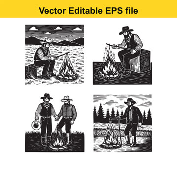  collection of four black and white woodcut style vector illustrations depicting cowboys or frontiersmen sitting and standing around a campfire in a wilderness setting
