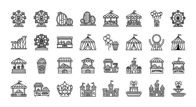 Collection of Amusement Park Icons and Symbols.