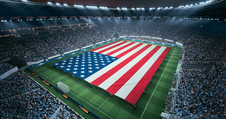 Professional Stadium Soccer Game Championship With Flag of United States Spread Across the Pitch Before Football Match Start. Cheering Crowds of Fans Surround the Field. Aerial Wide Shot © Gorodenkoff