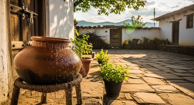 &ldquo;A rustic village courtyard with a clay matka placed on a woven stand, sunlight casting warm tones, with water droplets on its surface showing natural cooling in a peaceful rural setting.&rdquo;
