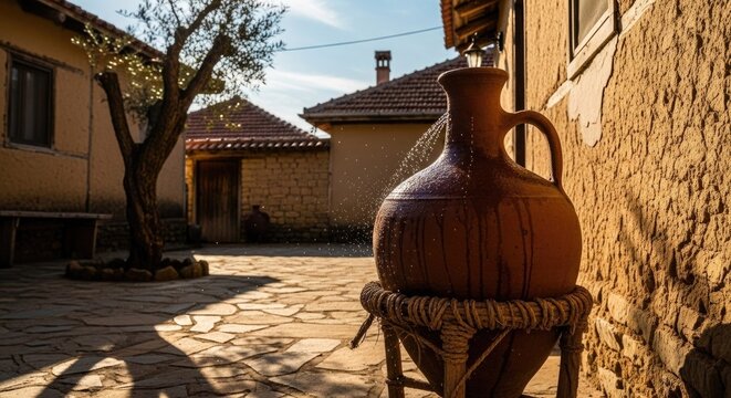 &ldquo;A rustic village courtyard with a clay matka placed on a woven stand, sunlight casting warm tones, with water droplets on its surface showing natural cooling in a peaceful rural setting.&rdquo;
