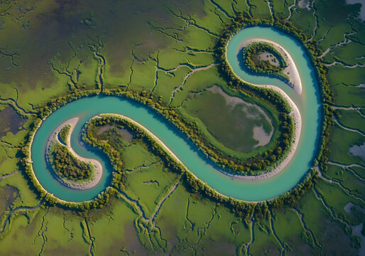 Aerial view of a meandering river through lush green rainforest amazon basin