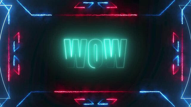 Vibrant WOW text glowing neon animation with futuristic red and blue frames and bright dynamic lighting on a dark pumice stone wall, 4k video