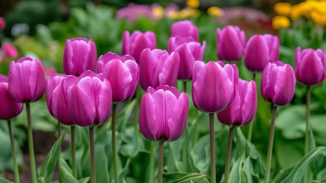 selective focus lively floral garden with vivid purple tulip arrangement