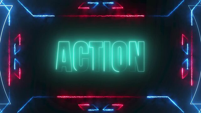 Action word with glowing neon light effect in digital frame for modern cinematic intro motion graphics