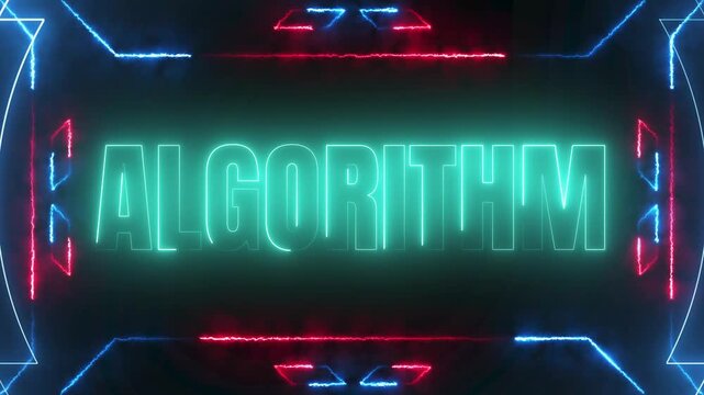 Algorithm text animation with glowing neon light effect and digital frame for futuristic tech concept