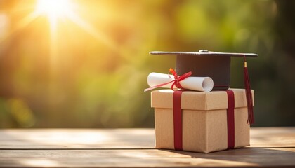 Fototapeta premium There is a graduation cap and diploma on top of a gift box