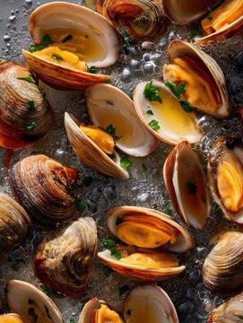 Open Steamed Clams Pattern in Butter Broth Aerial Top View Hyperrealistic Macro Mediterranean Seafood Detail