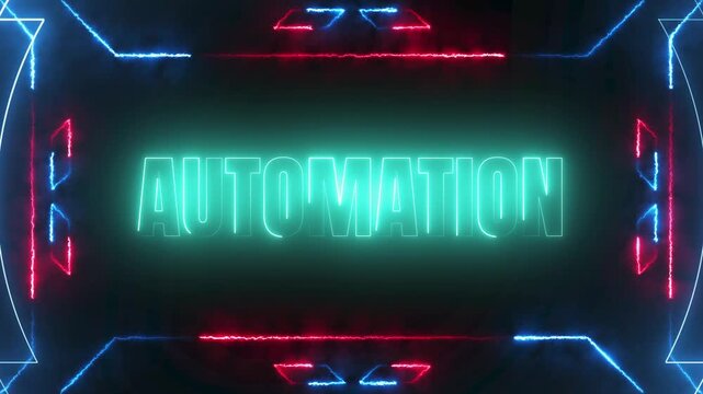 Futuristic neon text 'AUTOMATION' glows in vibrant colors on a dark background with digital circuit border