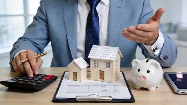 Businessman calculating mortgage investment property planning real estate financing house model on documents piggy bank savings calculator usage for budgeting financial advisor