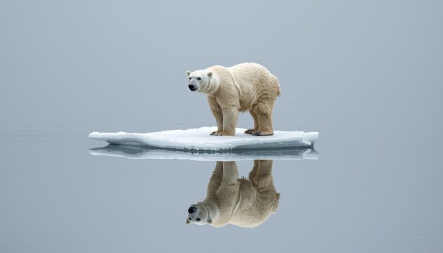 There is a polar bear standing on an ice floer in the water