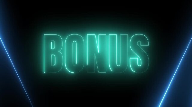Glowing neon word 'BONUS' radiates warmth on a dark screen, framed by electric blue digital lines, suggesting reward