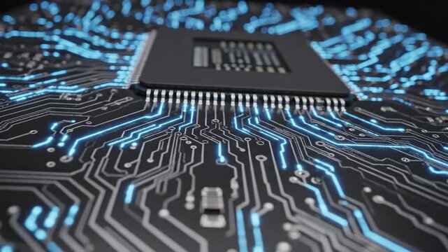 Close-up view of a computer microchip on a circuit board with illuminated blue traces, showcasing intricate details of electronic components and connections in a dark setting