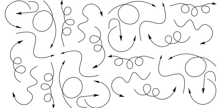 Simple Doodle Arrows Line Art Icons Vector Set. Set of simple lines hand drawn black arrows. Vector illustrator