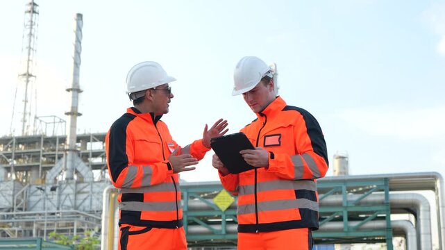 Two engineers in high-visibility orange uniforms and helmets discuss plans at an industrial plant site.