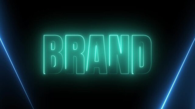 Illuminated neon text 'BRAND' shines within a dark, futuristic digital frame with red and blue glowing borders.