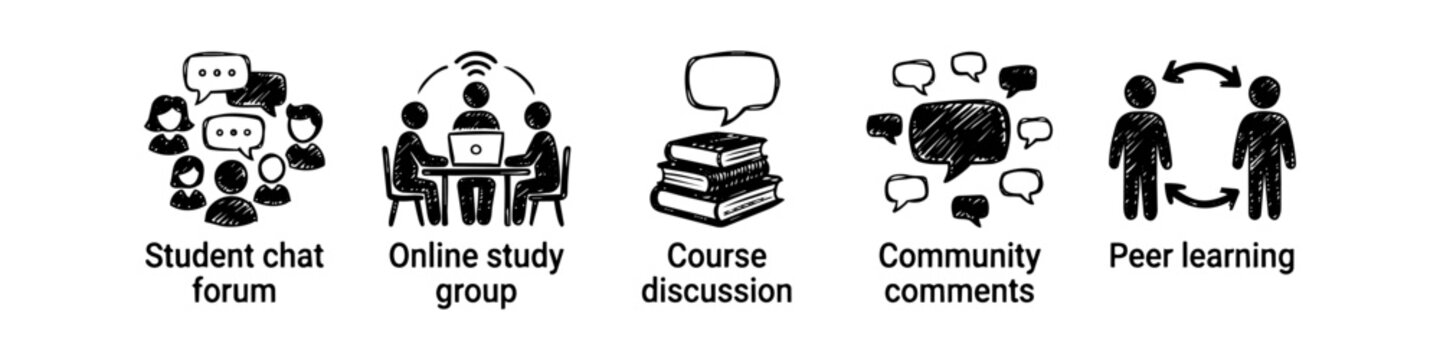 Hand-drawn icon set for online education and community learning, featuring student chat forums, study groups, course discussions, community comments, and peer learning concepts.