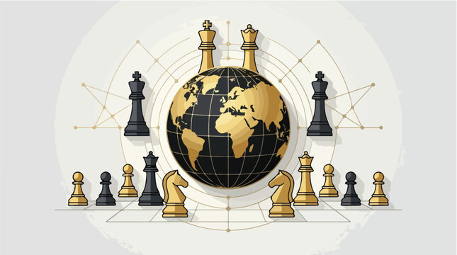 Strategic global business concept featuring gold and black chess pieces around a world globe in a clean 2D flat vector illustration style for planning