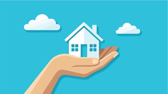 Flat 2D vector illustration of a human hand gently holding a small white house icon against a bright blue sky background with fluffy white clouds