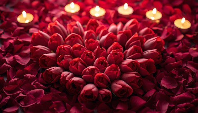Roses and candles are arranged in the shape of a heart on a bed of petals