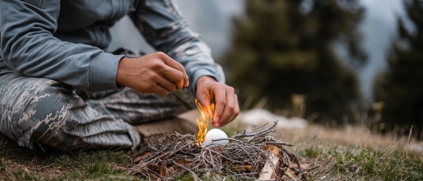 Hands ignite kindling with matches as a soldier sets up camp and prepares wood in a grassy forest area