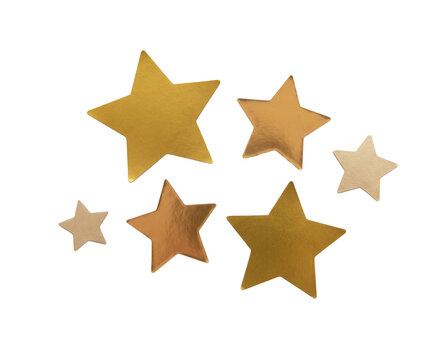 Isolated Cluster of five gold star stickers arranged in scattered formation, varying size