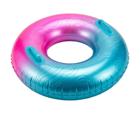 Isolated Neon pink and aqua blue gradient inflatable swim ring with metallic shimmer fini