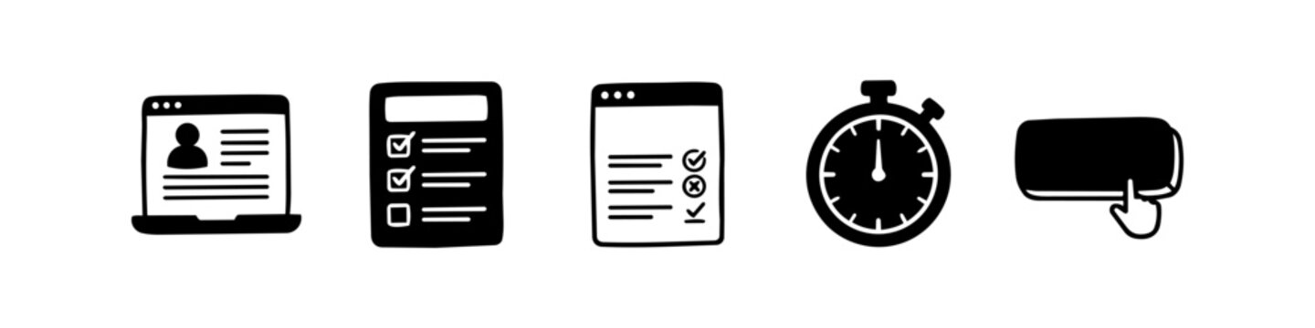 Set of hand-drawn black and white icons representing online registration, digital surveys, business checklists, and time management, ideal for web design and presentations.