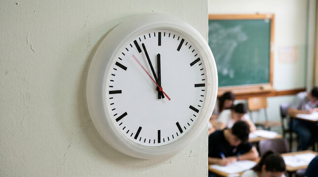 Wall clock showing time in classroom during final school exams  