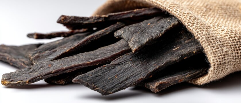 Beef jerky cut into small pieces is arranged on lace plates with wooden borders in a bright and airy table setting