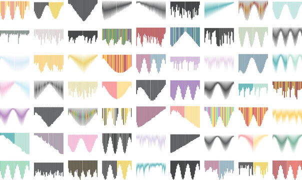 Abstract decorative border elements set, 60 colorful vector fringe and valance icons for graphic design. Geometric hanging shapes with pastel gradients and textured patterns