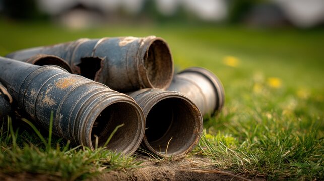 A pile of rusty military rockets and landmines rests on grass in a village, showing signs of use and damage from previous conflicts