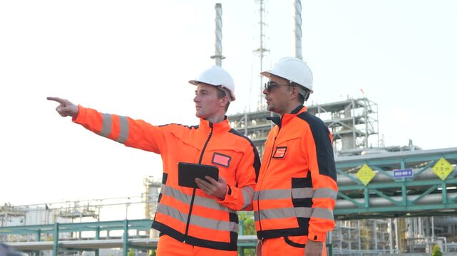 Two industrial workers in high-visibility uniforms and helmets discuss plans at a large industrial facility.
