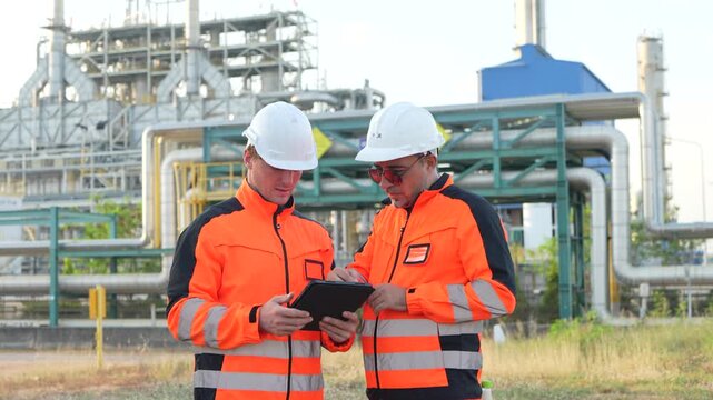 Two industrial workers in safety gear consult a tablet at a large refinery or chemical plant site.